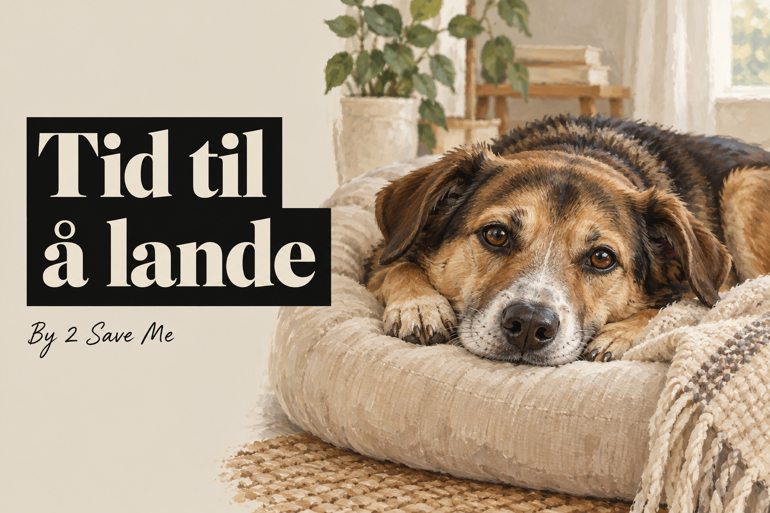 Tid til å lande. Illustrasjon av en hund som hviler i en myk seng, med signaturen By 2 Save Me.